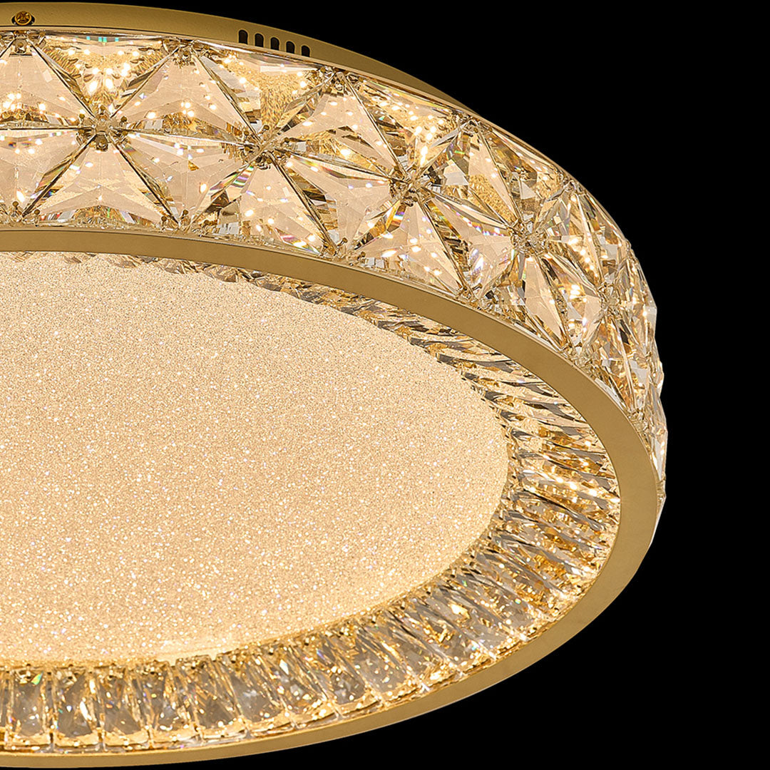 Close-up detail of decorative flush mount ceiling lights showing glass shade chandelier inspired intricate crystal border and textured diffuser.