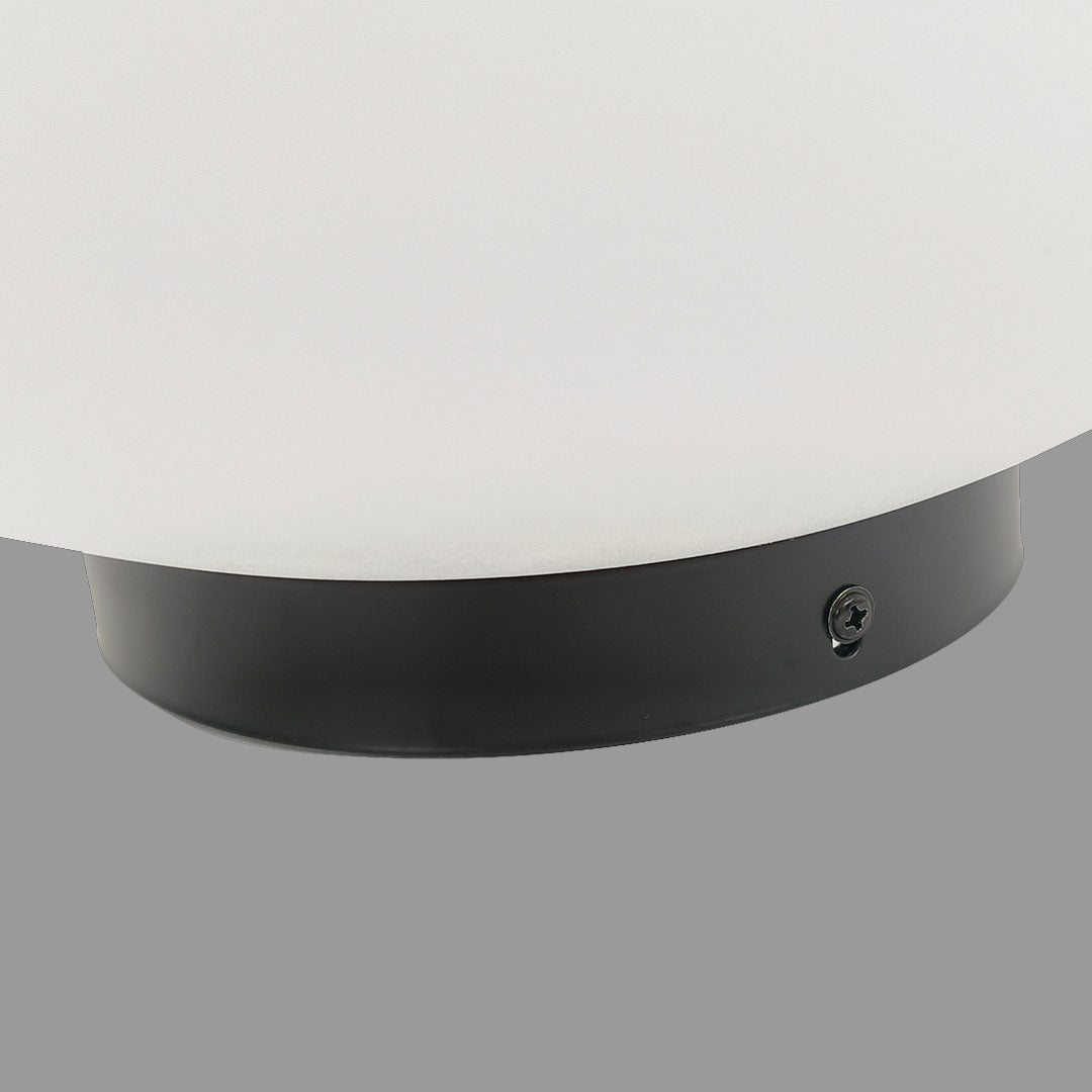 Close-up detail of the durable black base and white globe on round landscape lighting fixture!!