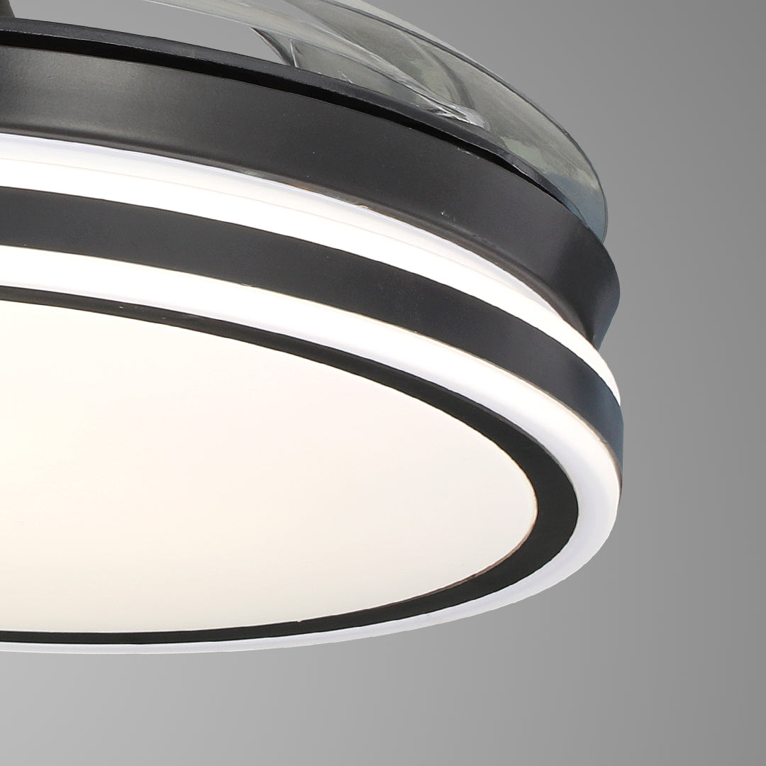 Close-up detail of the LED light ring on the black ceiling fan with lights fixture 