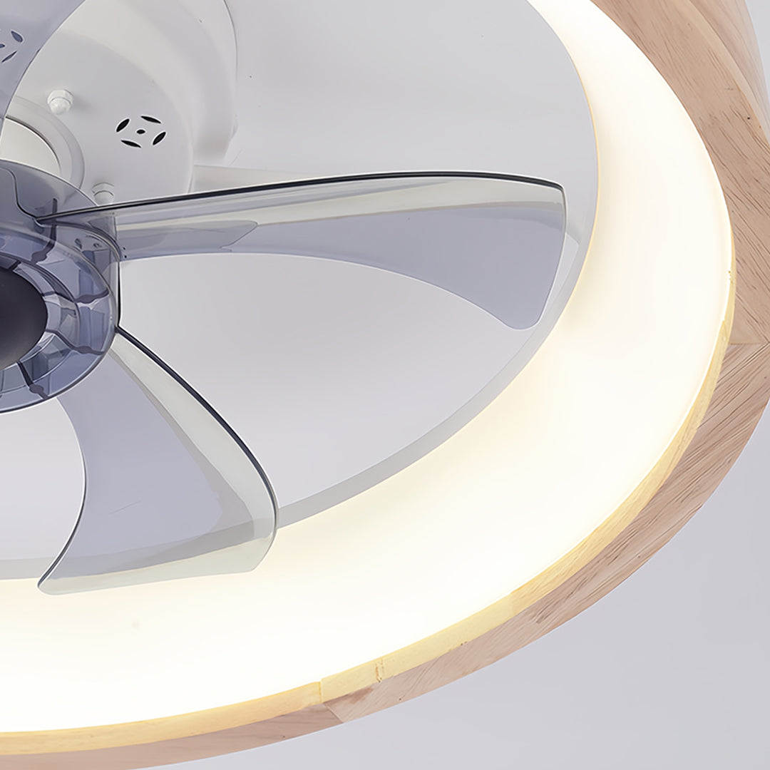 Close-up view of five blade ceiling fan with light showing LED ring light and blade design details