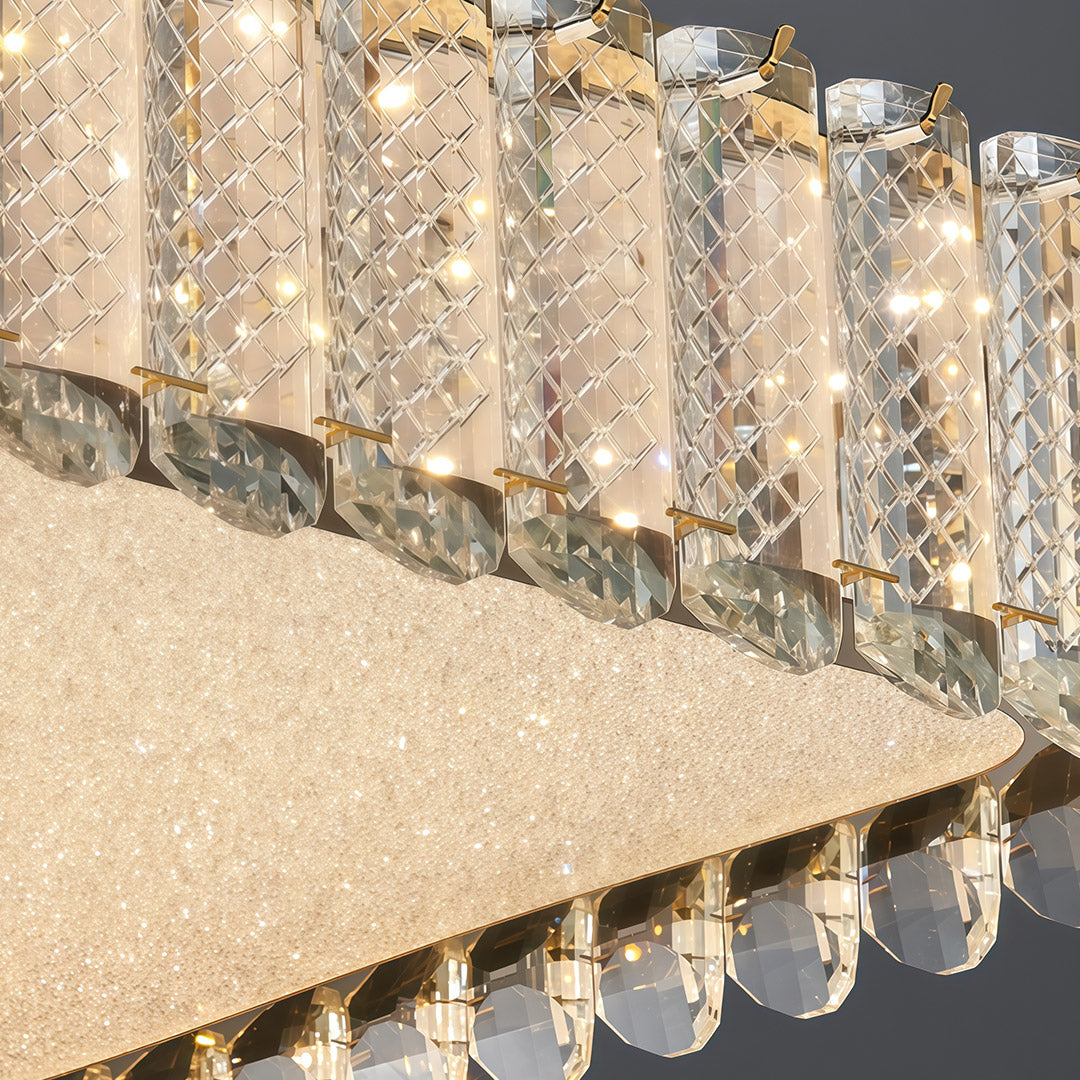 Close-up detail of flush mounted LED lights showing glass shade chandelier inspired crystal ball trim and textured diffuser panel.