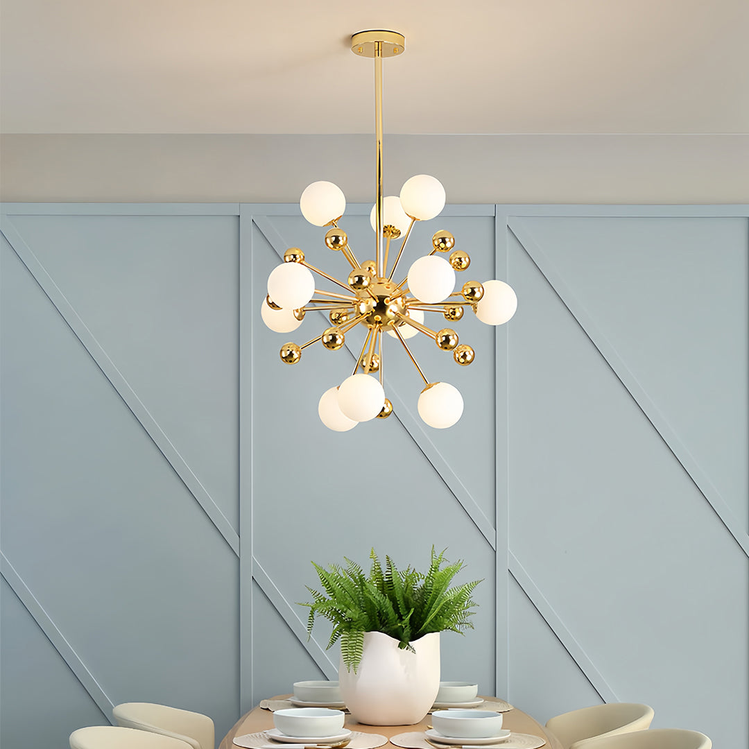 Close-up of a modern gold sputnik chandelier showcasing its intricate design