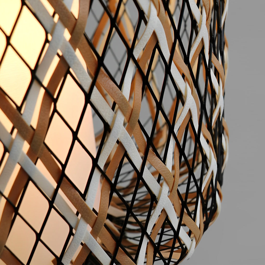 Close-up of hanging lantern lamp showing detailed woven pattern.