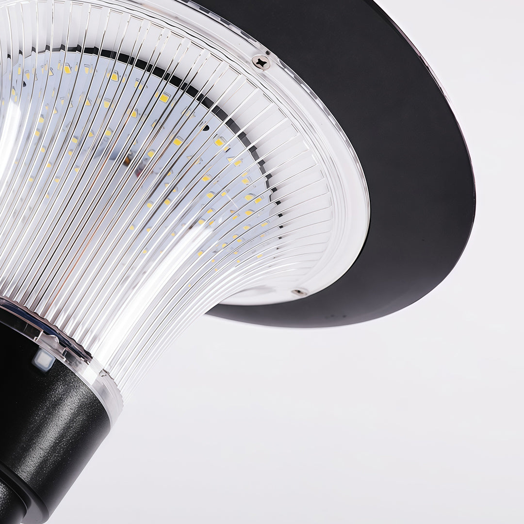 Detailed close-up of the LED components and textured diffuser inside the black solar pathway lights head.