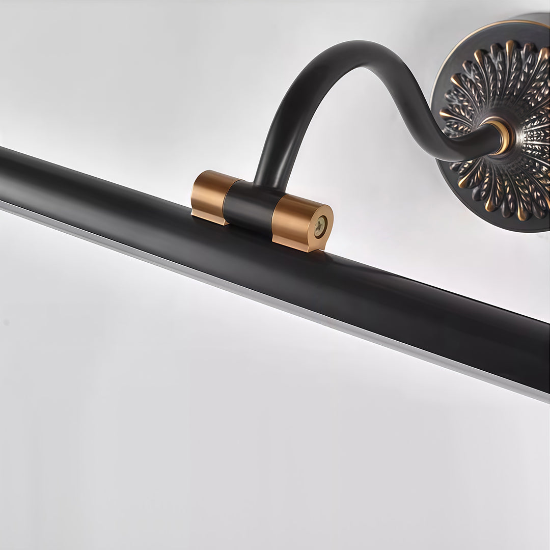 Close-up of the decorative brass socket on LED vanity bathroom lights, highlighting intricate design details