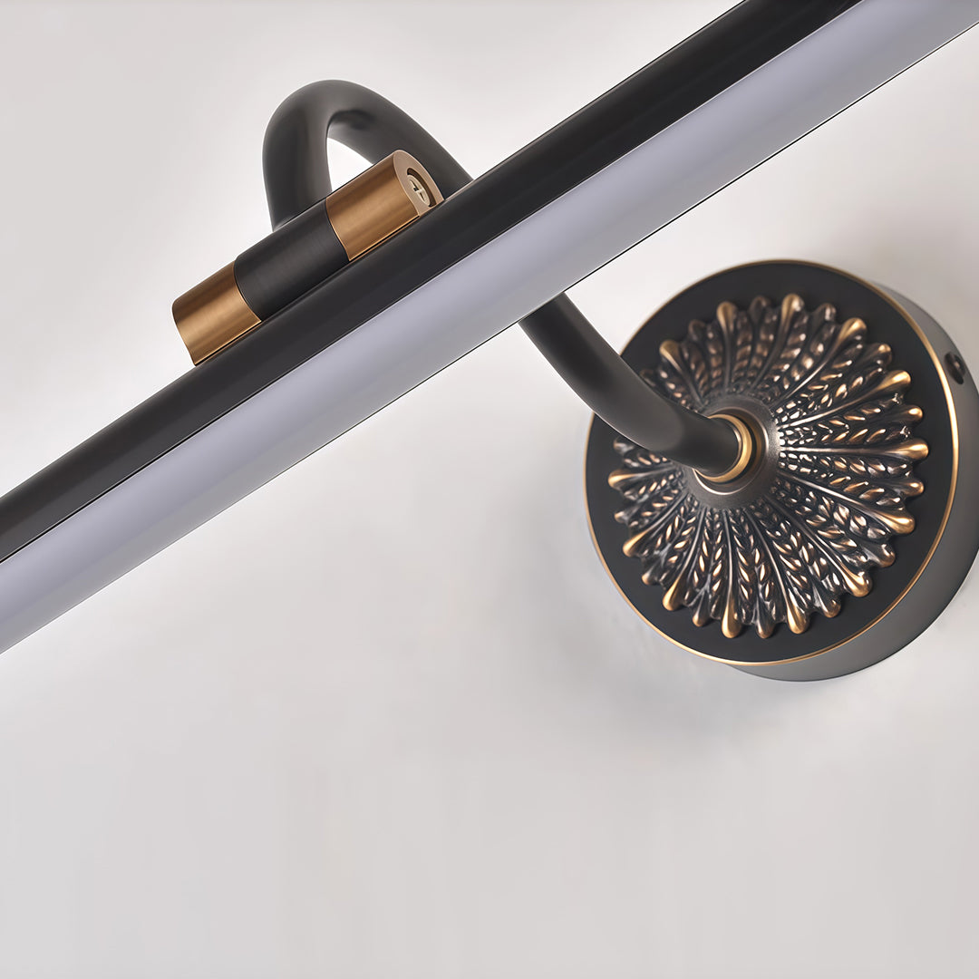 Close-up of the decorative brass socket on LED vanity bathroom lights, highlighting intricate design details