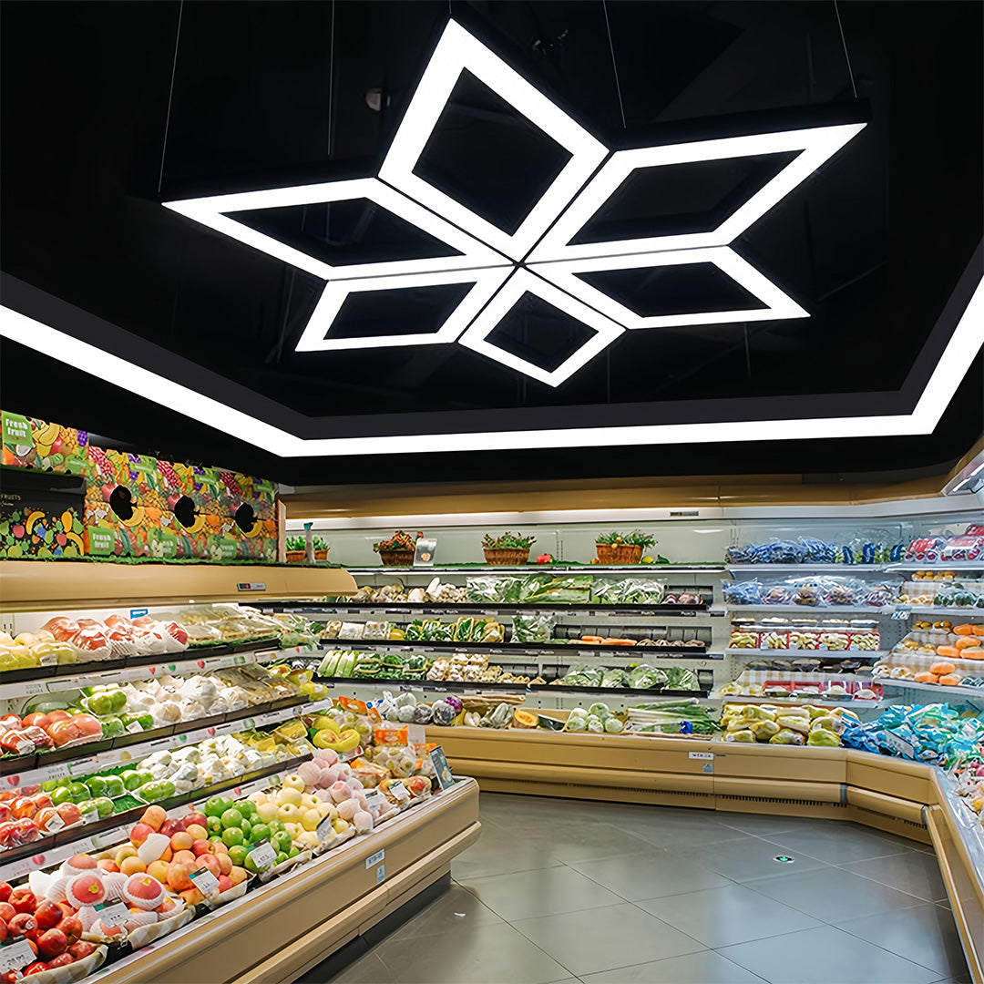 Close-up view of a modern black chandelier showcasing its sleek geometric design, providing both function and style.