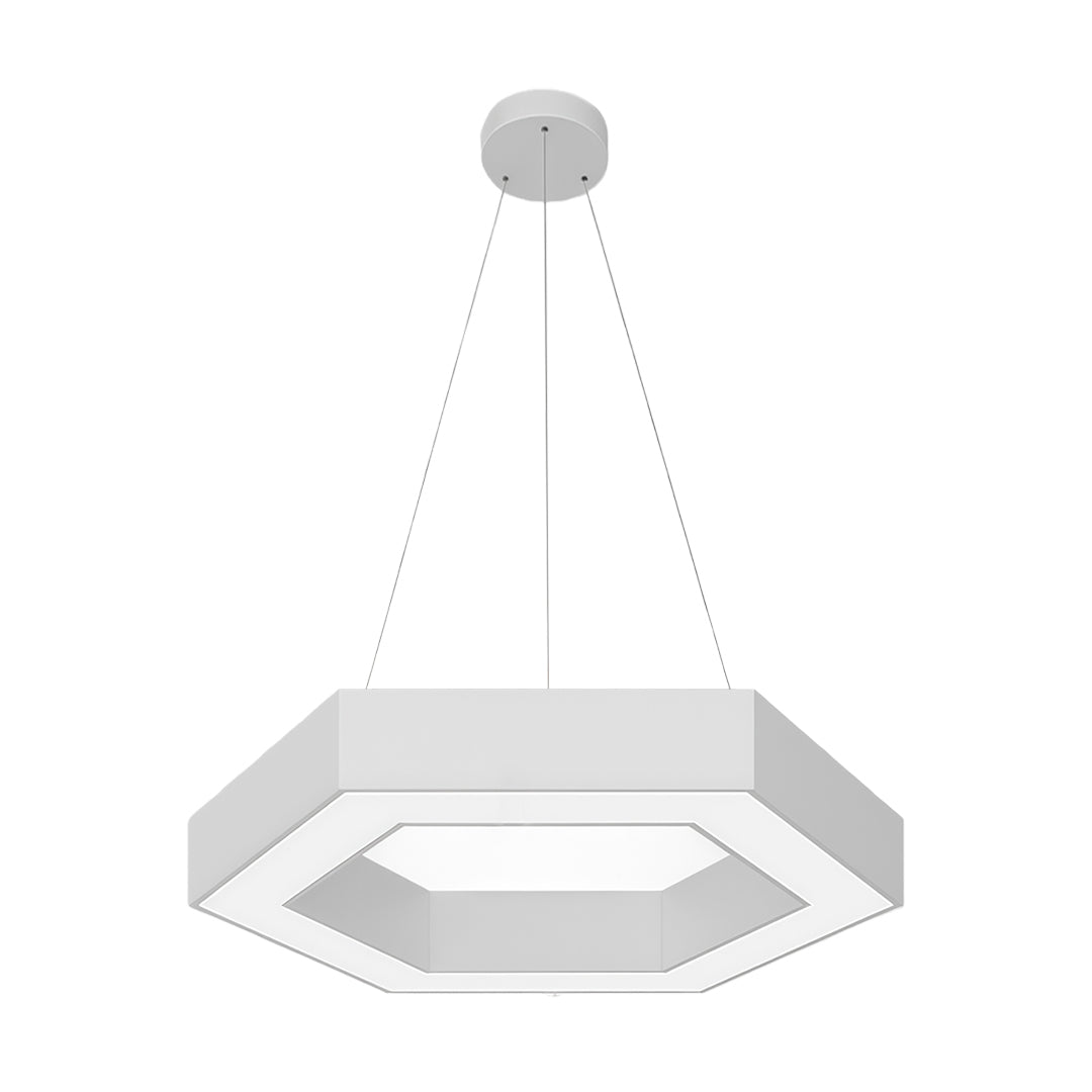 Close-up of a modern geometric chandelier with sharp lines and LED light, providing sleek illumination for modern interiors.