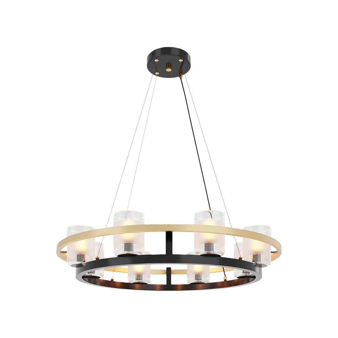 Close-up of modern luxury chandeliers showcasing candle-style lights and elegant metal frame.