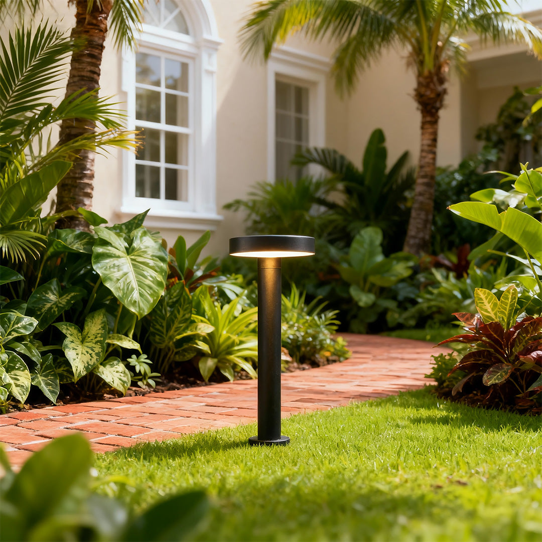 Close-up of a modern solar path light with a solar panel, providing eco-friendly outdoor lighting.