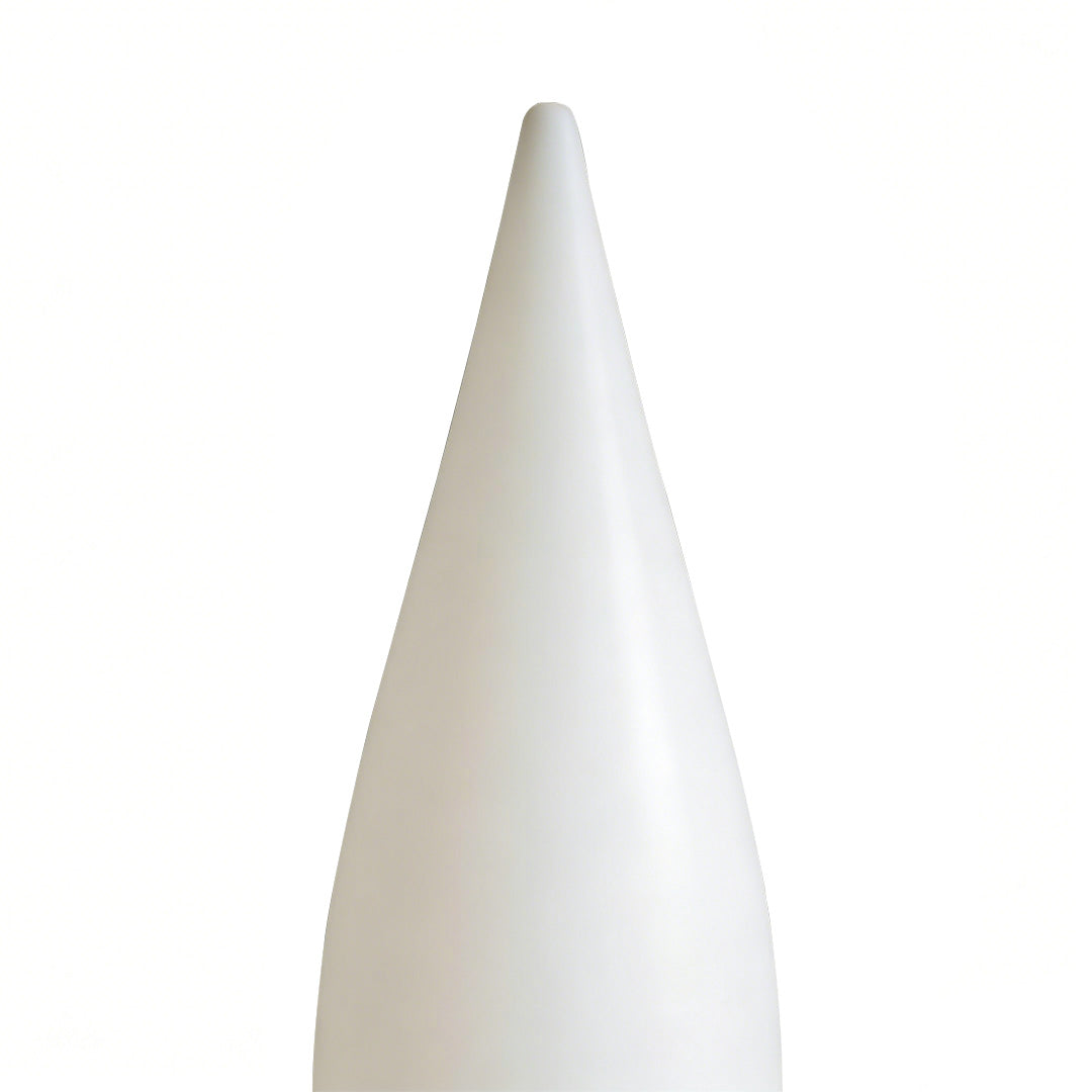Upper part of modern teardrop outdoor light showcased in clean white background.