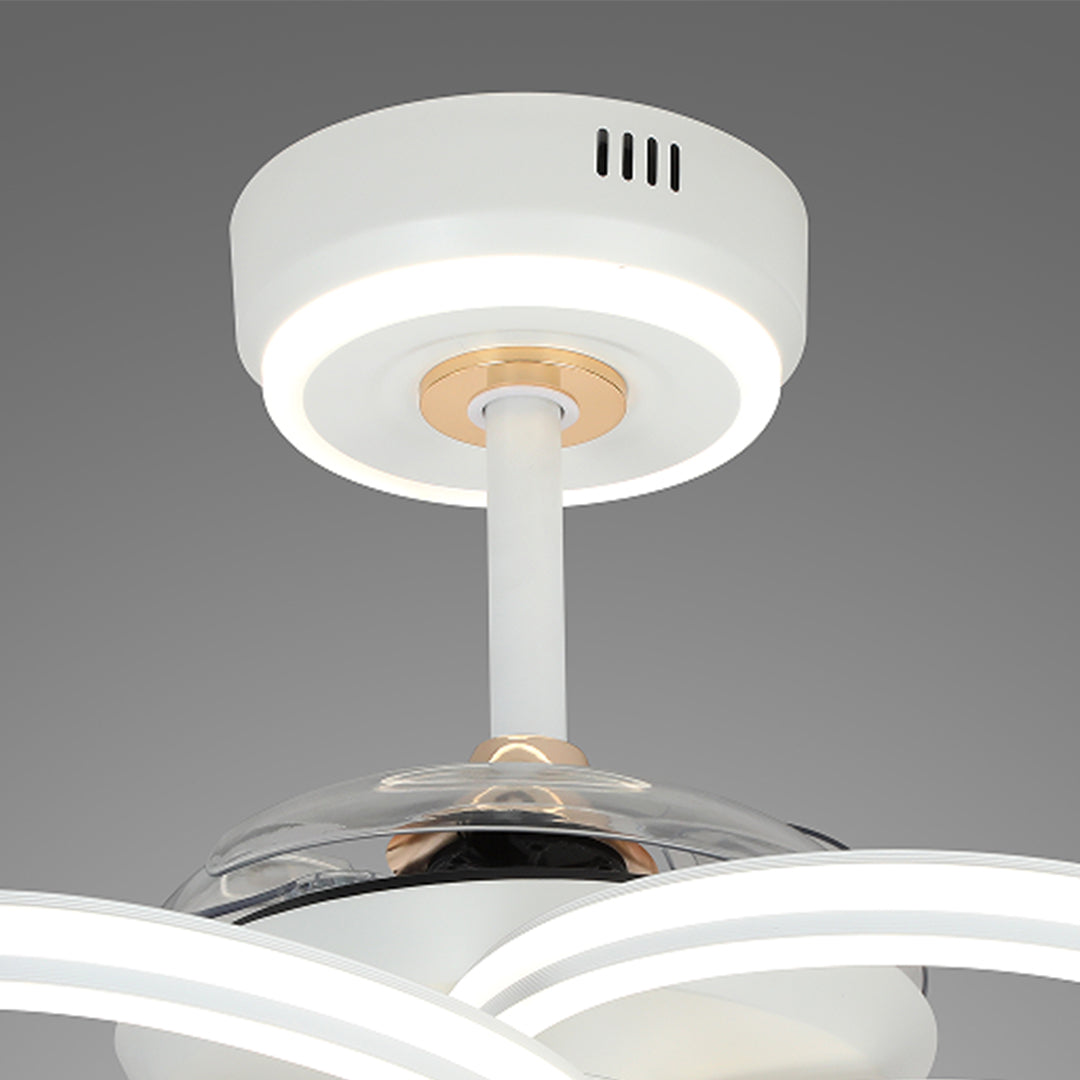 Close-up of the mounting base and golden trim on the ceiling fans white with light, highlighting the sleek, modern design. 