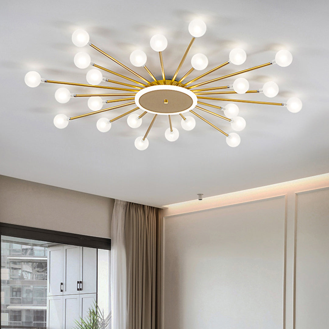 Starburst ceiling light with globe bulbs creating warm ambient lighting in modern hallway