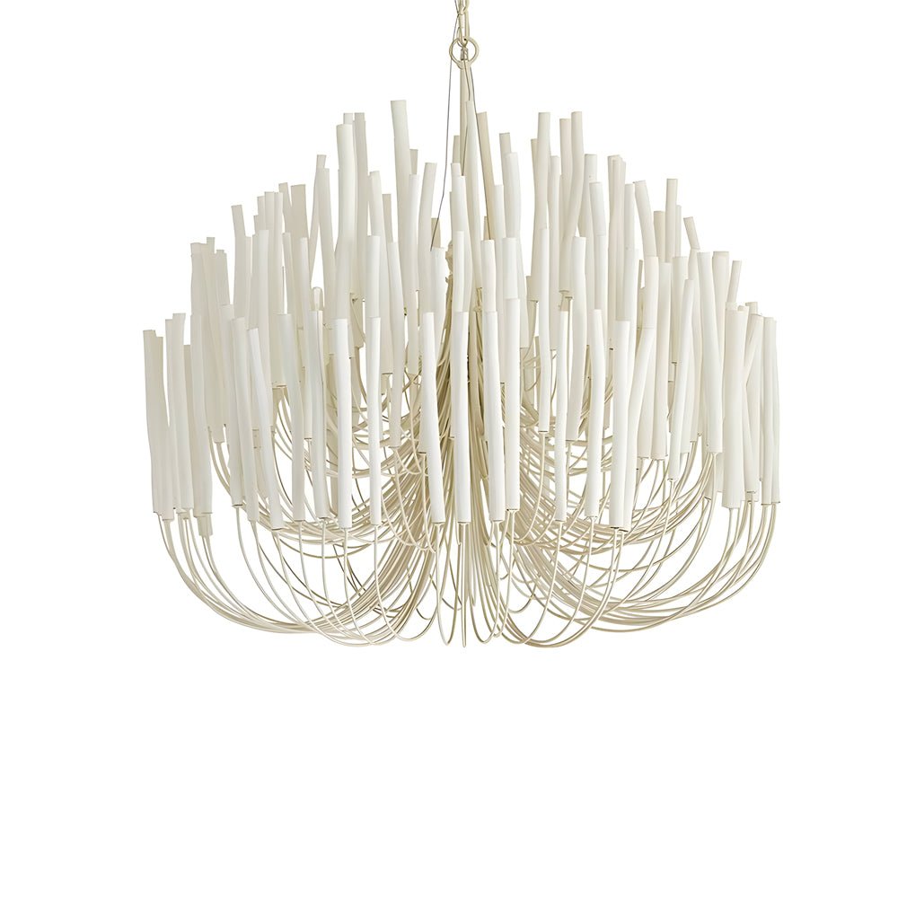 Close up of a organic stick chandelier, showcasing its detailed craftsmanship and delicate glass rods.