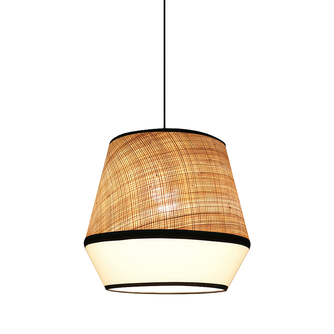 Close-up of a pendant light with a fabric shade, highlighting the elegant texture and simplicity.