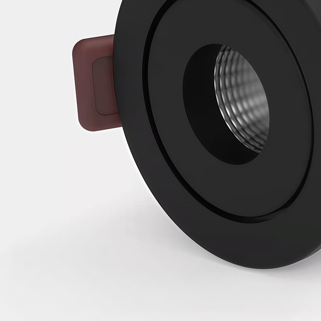 Close-up product render of a black recessed modern spotlights fixture showing its housing and internal components.