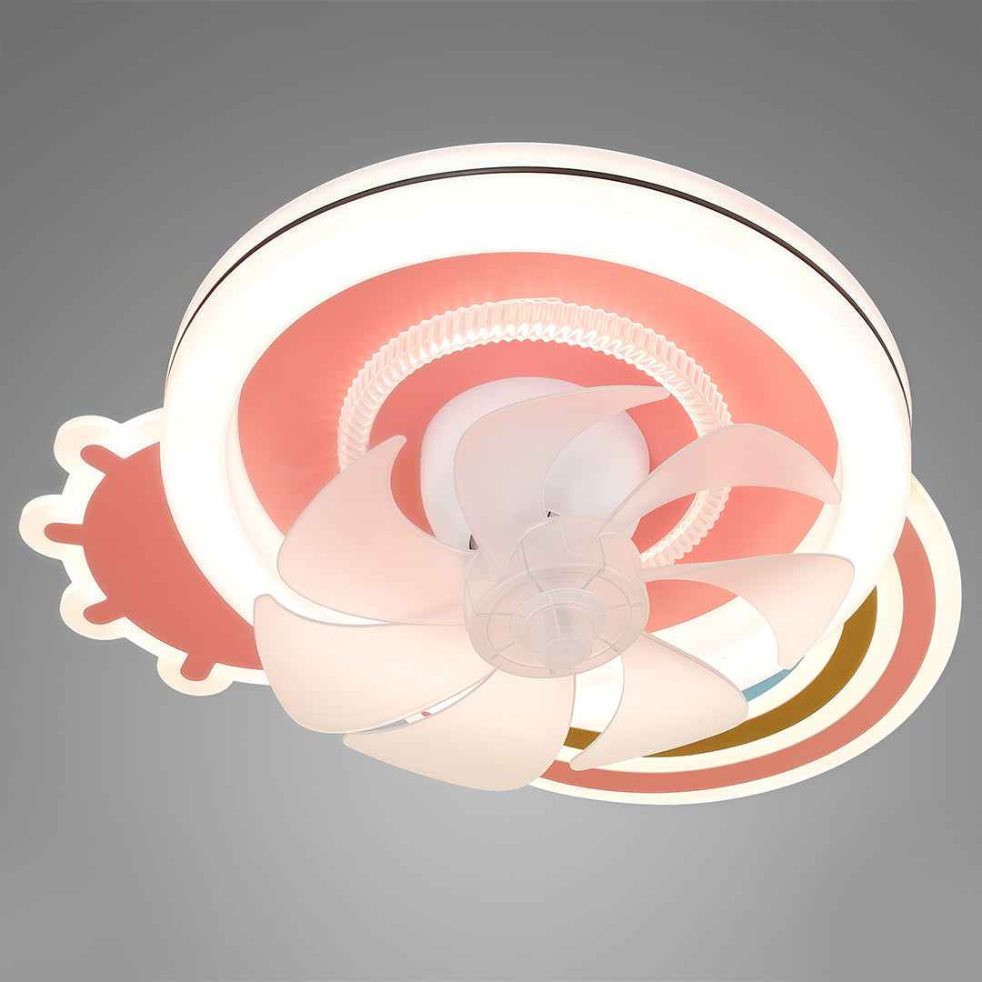 Isolated close-up of the central propeller and decorative pink rings of the beautiful ceiling fans with lights fixture. 