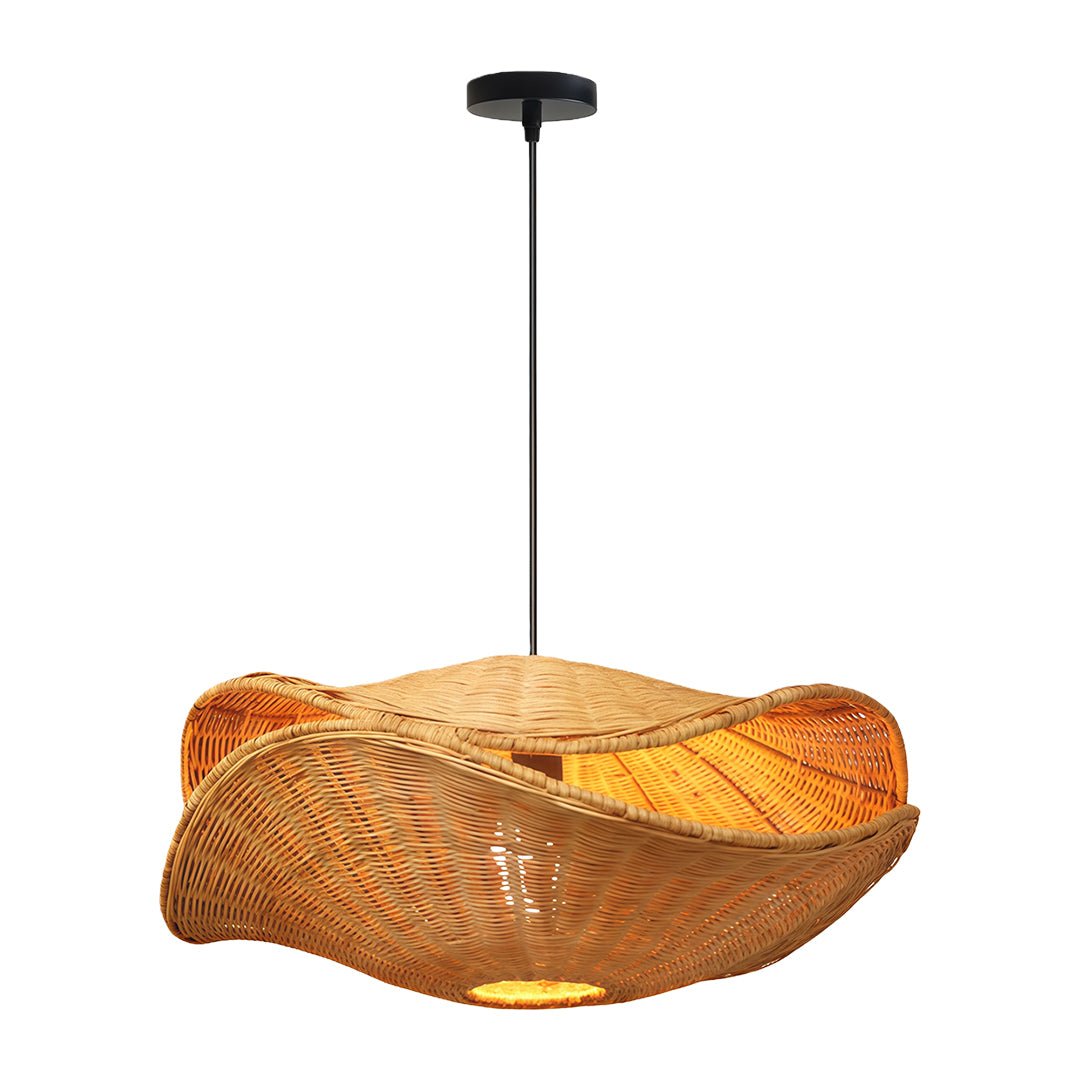 Close-up of a rattan pendant light fixture with intricate weaving, perfect for modern or coastal style interiors.