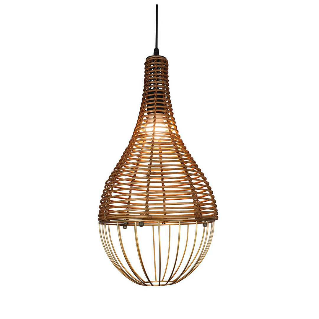 Close-up of a rattan pendant light shade, showing the detailed woven texture and natural aesthetic.