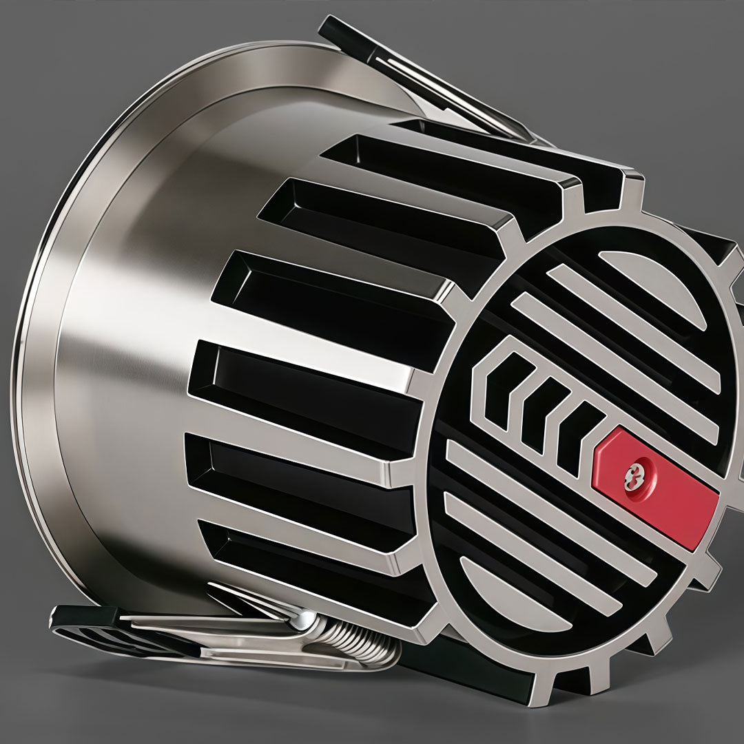 Close-up of the recessed ceiling spotlight with distinct details, emphasizing its durable construction.