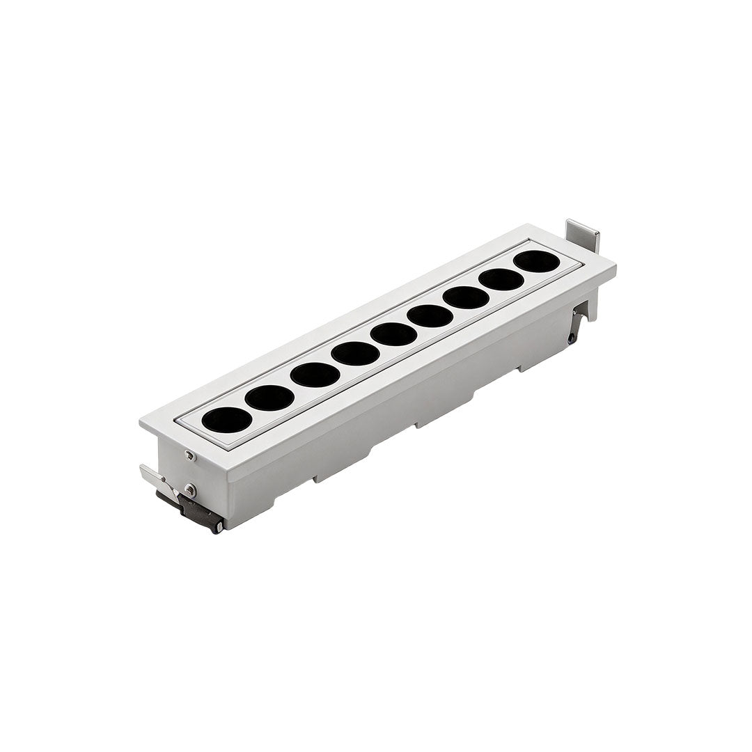 Close-up of rectangular led ceiling recessed spotlight with adjustable light beams.