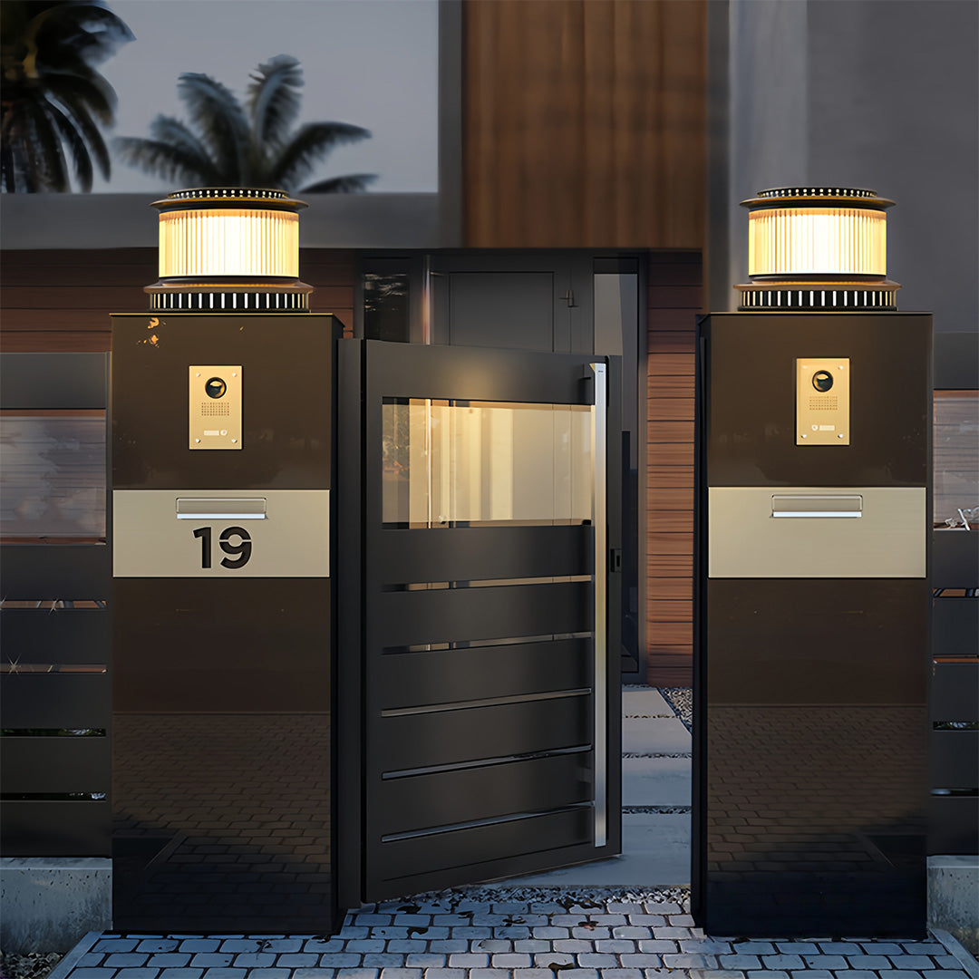 Close-up shot of a stainless steel pillar light with a sleek, polished finish, offering modern outdoor lighting.