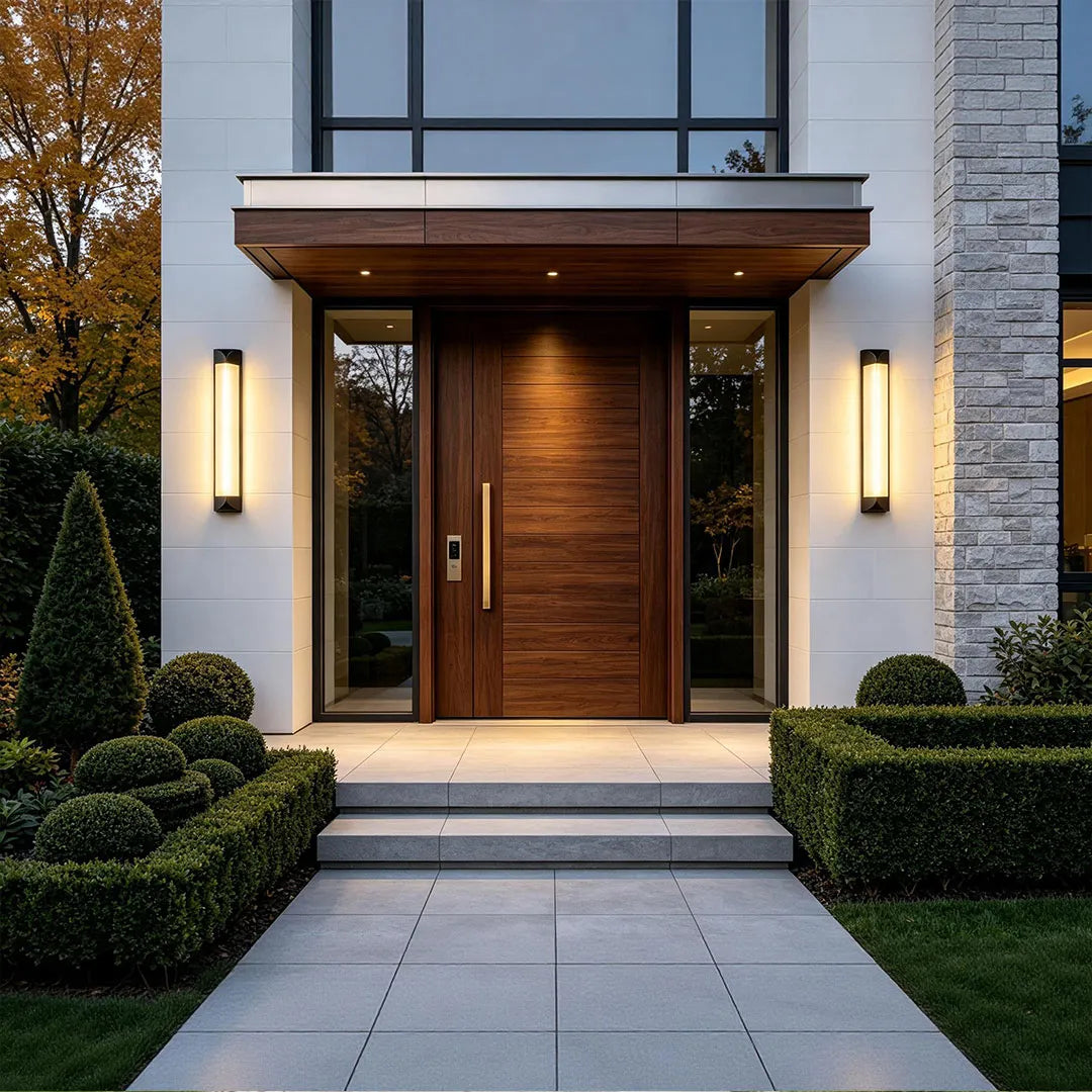 Close-up of wall sconce outdoor showing the curved black top cap and frosted diffuser.