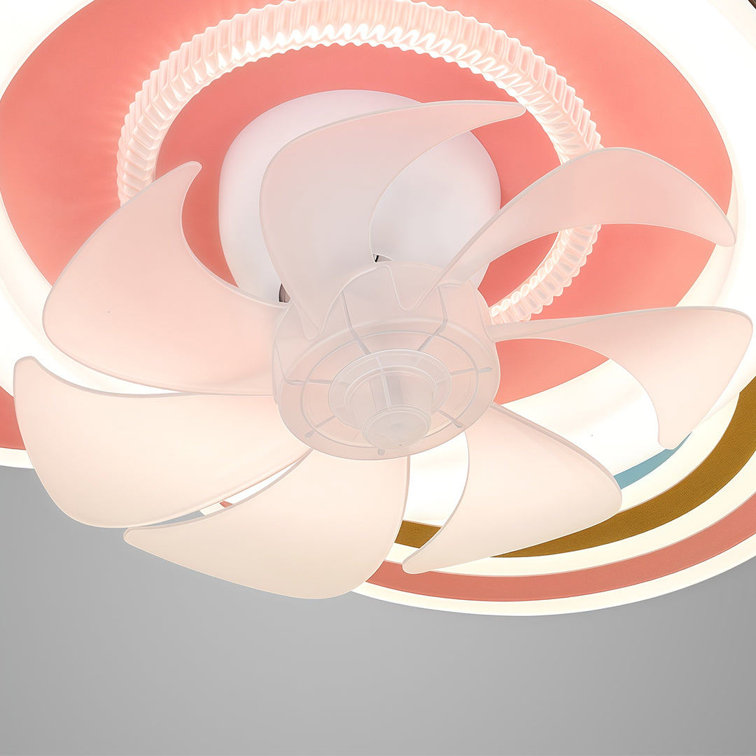 Detailed close-up of the central white fan blades and the tiered pink accent rings on the beautiful ceiling fans with lights. 