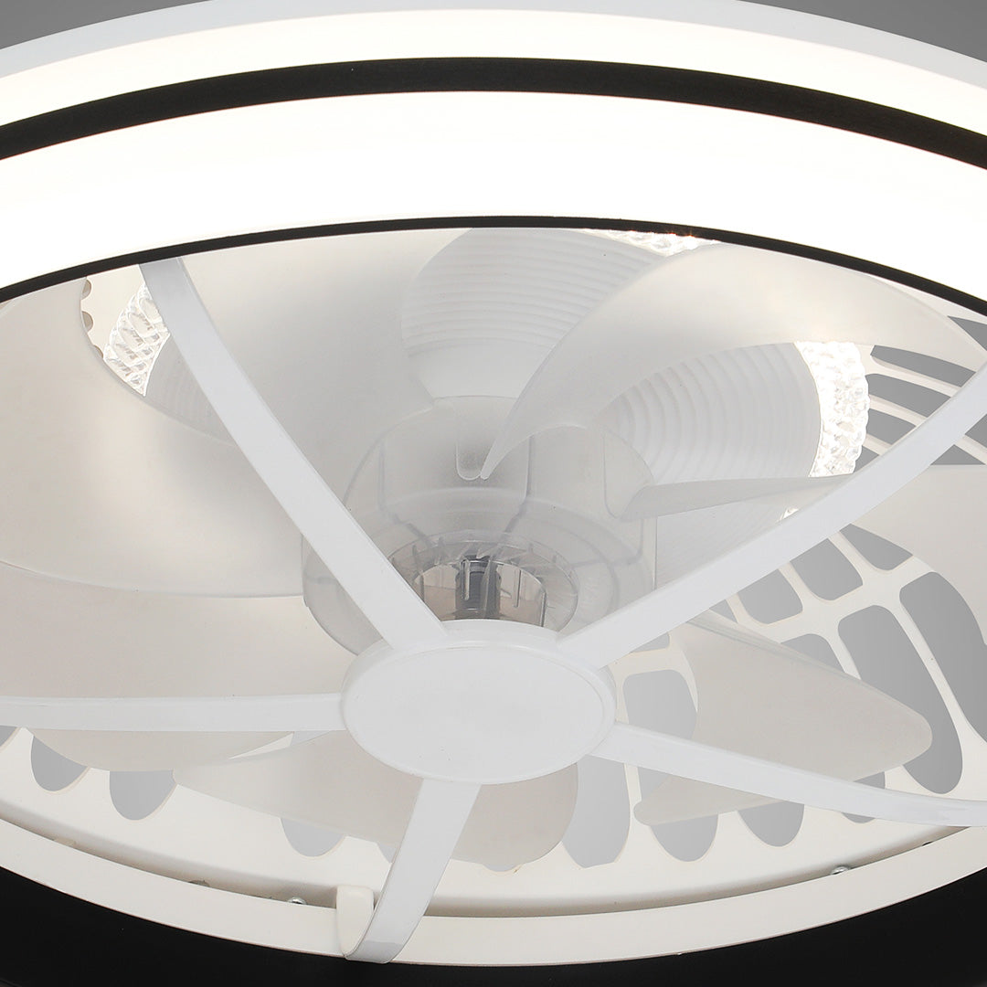 Close-up of the central white housing and subtle blade design of the white flush mount ceiling fan with light. 