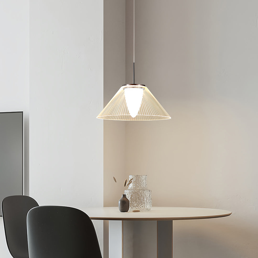 Close-up of a white mesh pendant light showcasing its geometric pattern