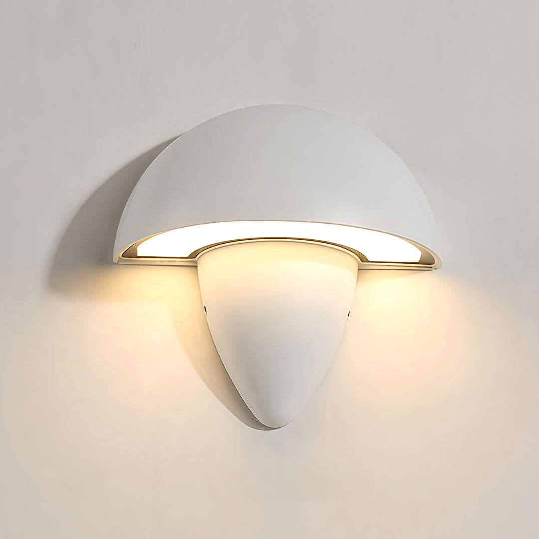 Close-up of a white mushroom wall light installed in a modern living room, adding a chic touch to the space.