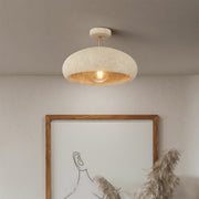Close-up of white semi flush ceiling lights, showcasing the textured surface and warm light effect.