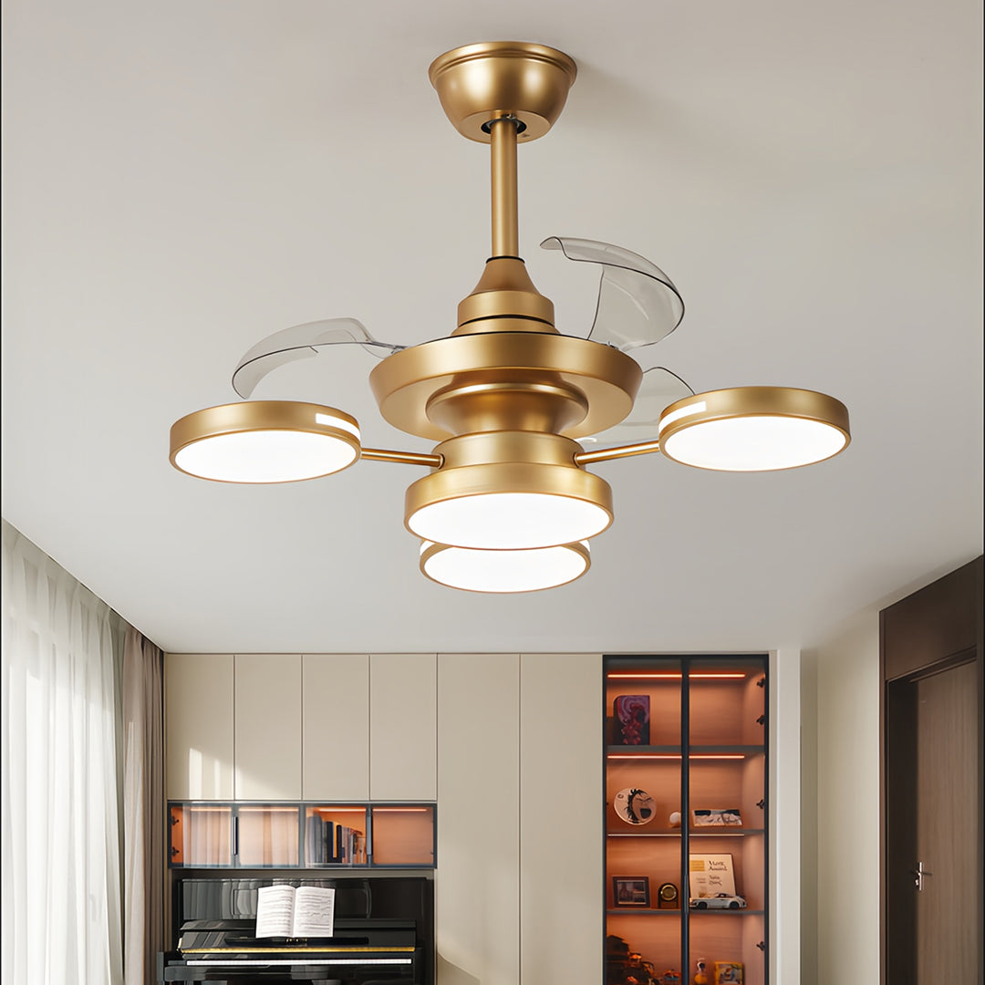 Close-up of wooden ceiling fans with four lights, highlighting the intricate design and warm lighting