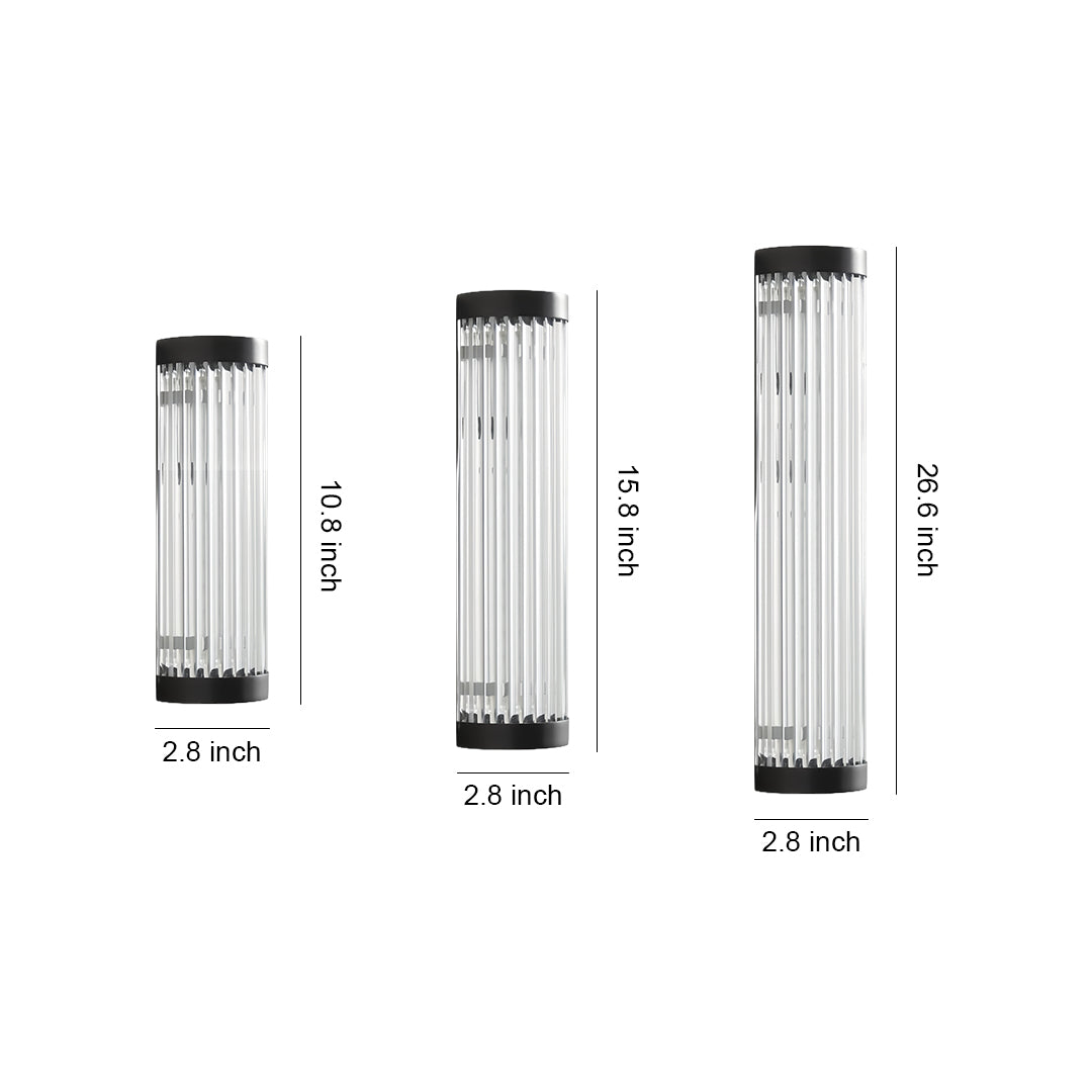 Close-up of the black metal frame and transparent vertical tubes on the contemporary outdoor wall LED light fixture.