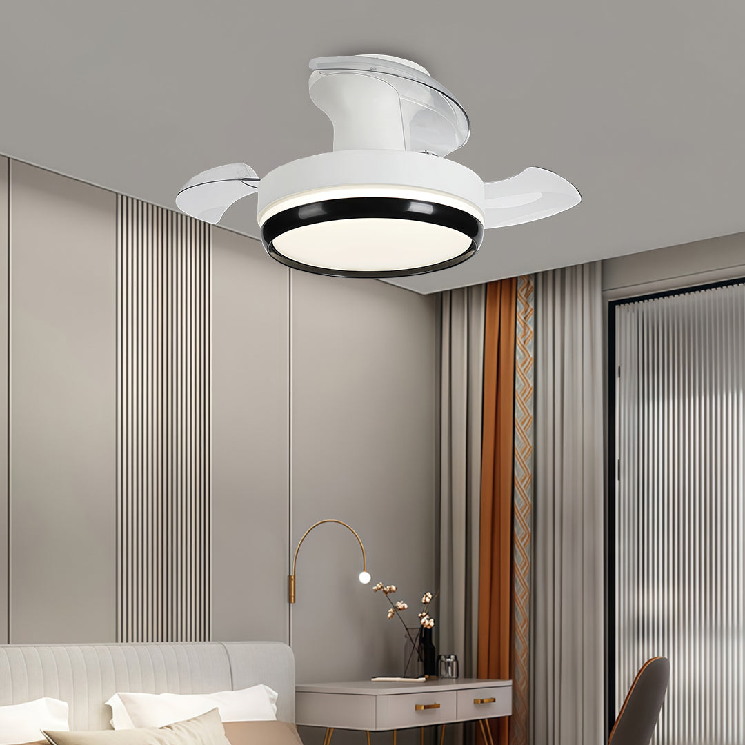 Close-up of ceiling fan with remote light, detailed view of modern design and lighting