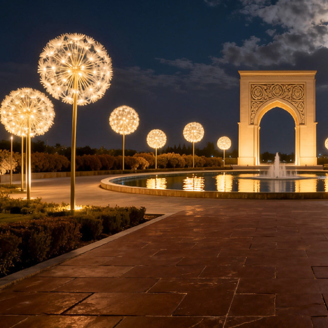 Close-up of detailed dandelion garden lights outdoor showing intricate fiber structure.