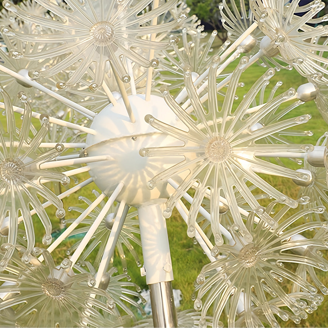Close-up of detailed dandelion garden lights outdoor showing intricate fiber structure.