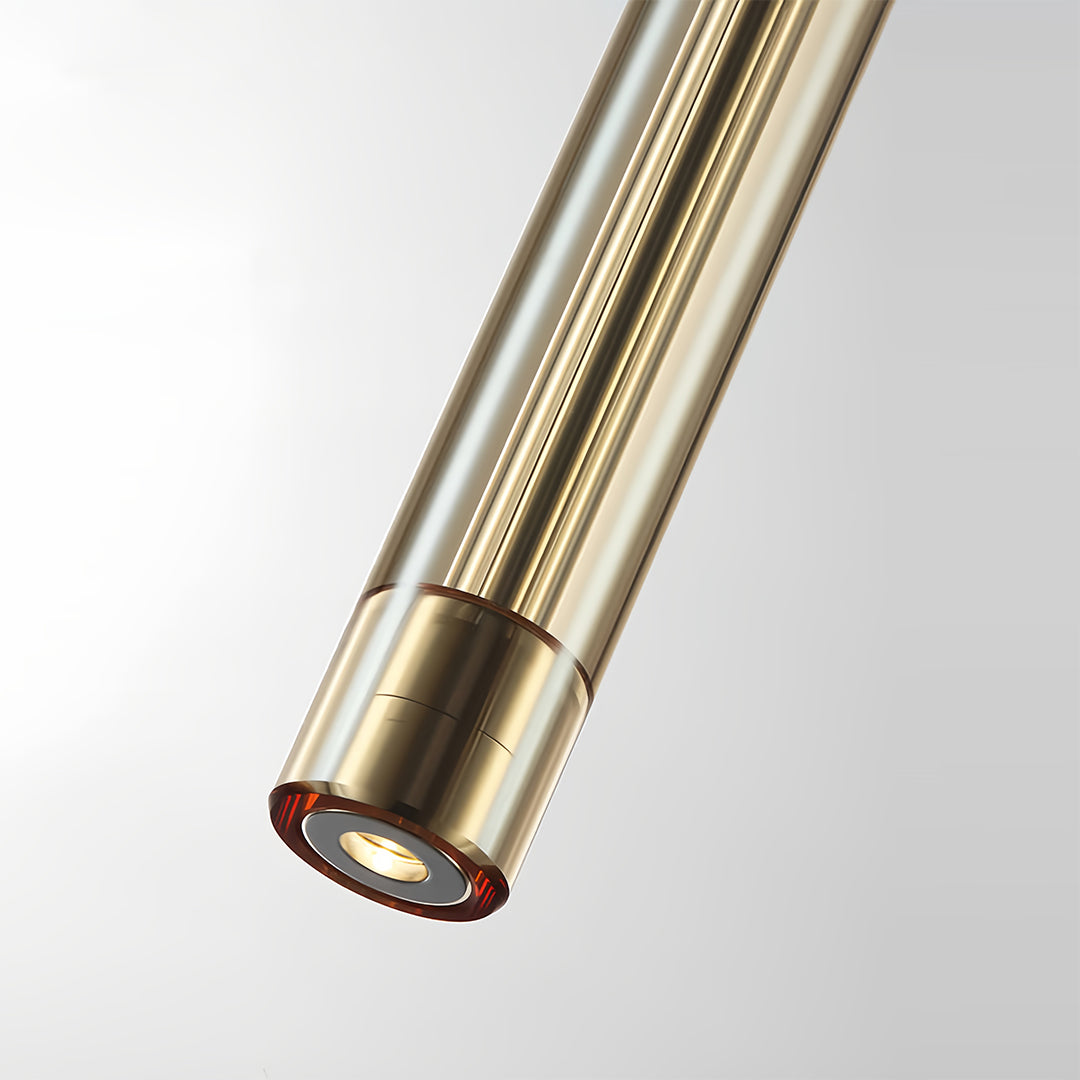 Close-up detail of double hanging pendant light showing premium brass construction and textured finish