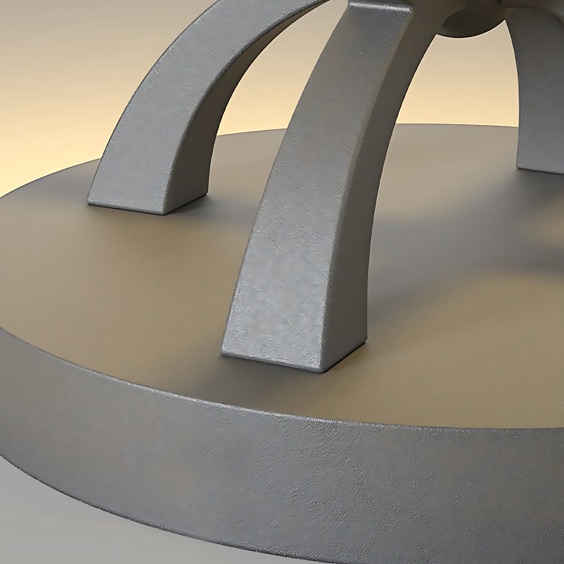 Close-up perspective of hollow square pillar light base featuring curved metal supports and concrete foundation structure