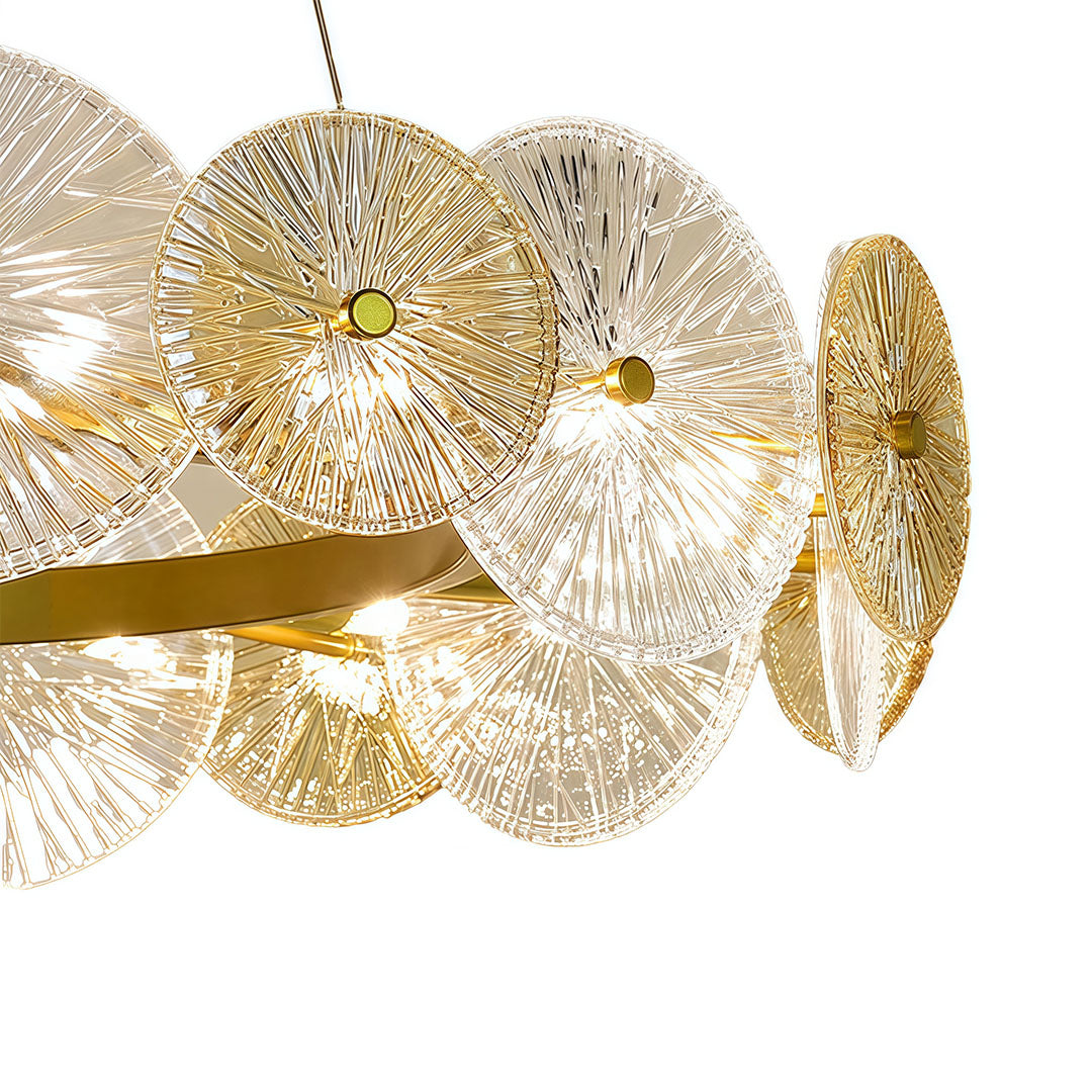 Close-up of large glass chandelier crystals, detailed view of intricate glasswork and design