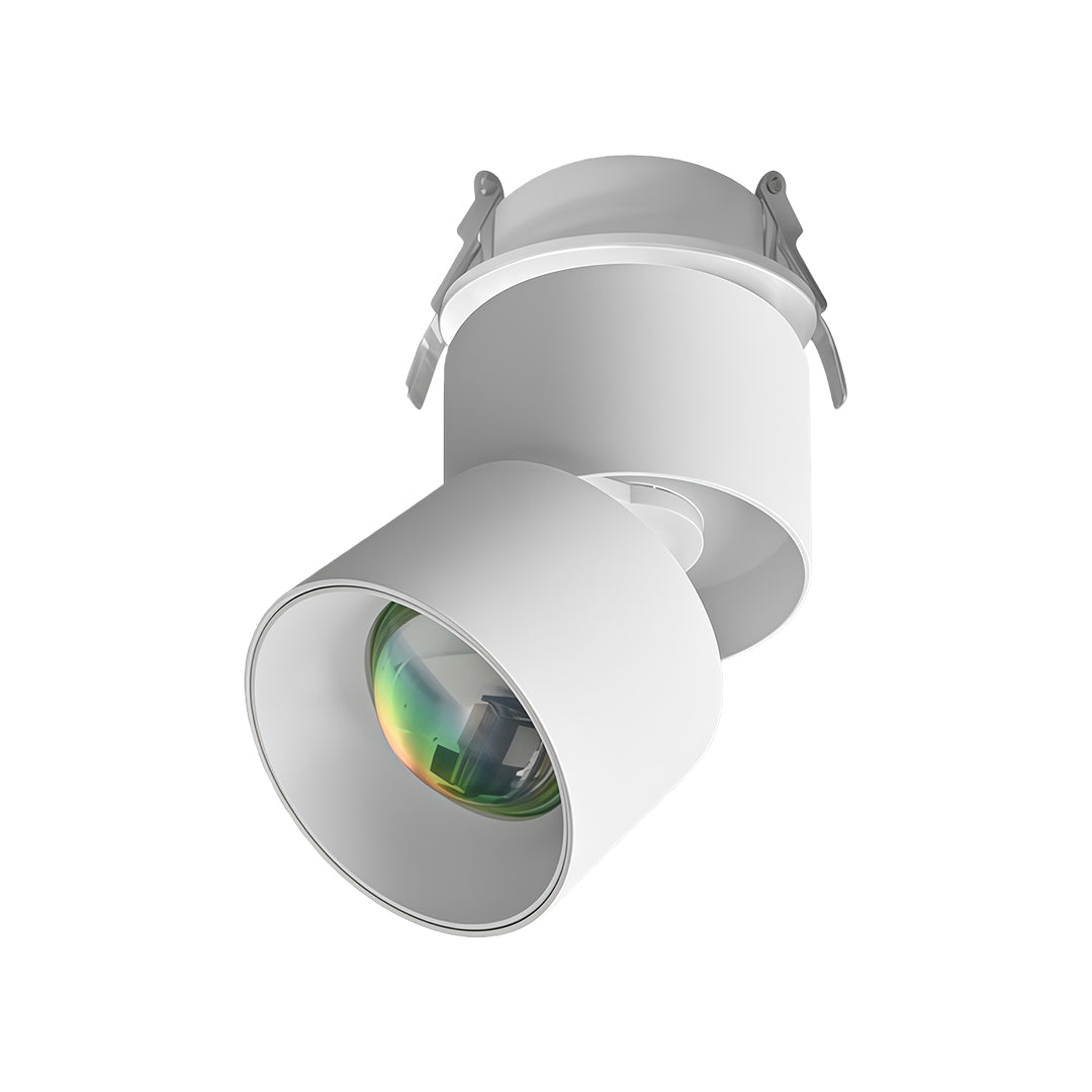 Close-up of LED ceiling spotlights with glass shade chandelier inspired multi-color reflector coating for spectrum lighting.