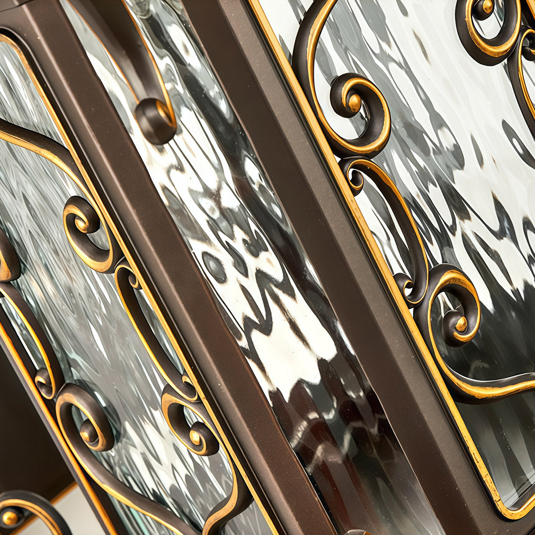 Close-up view of Outdoor Wall Sconce Light showing fine metal texture and golden accents.