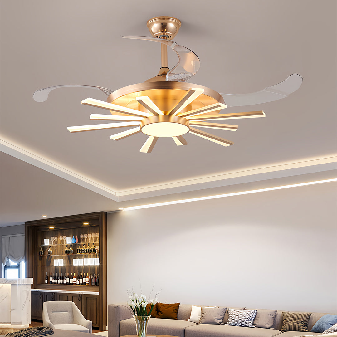 Close-up detail of modern ceiling fan with light showing curved blade design and LED strips