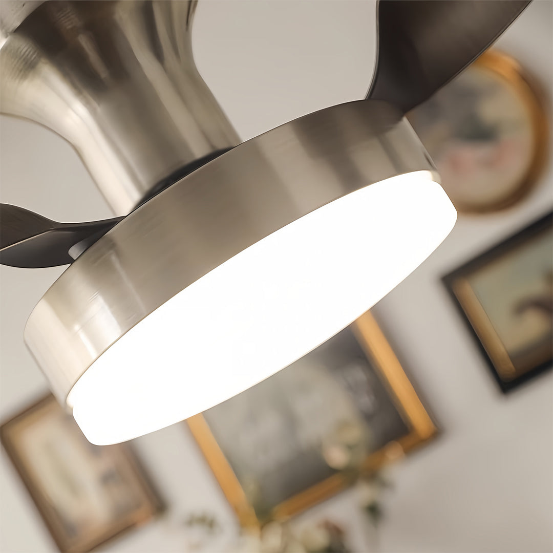 Silver ceiling fan with light in a modern living room, elegant and functional indoor lighting