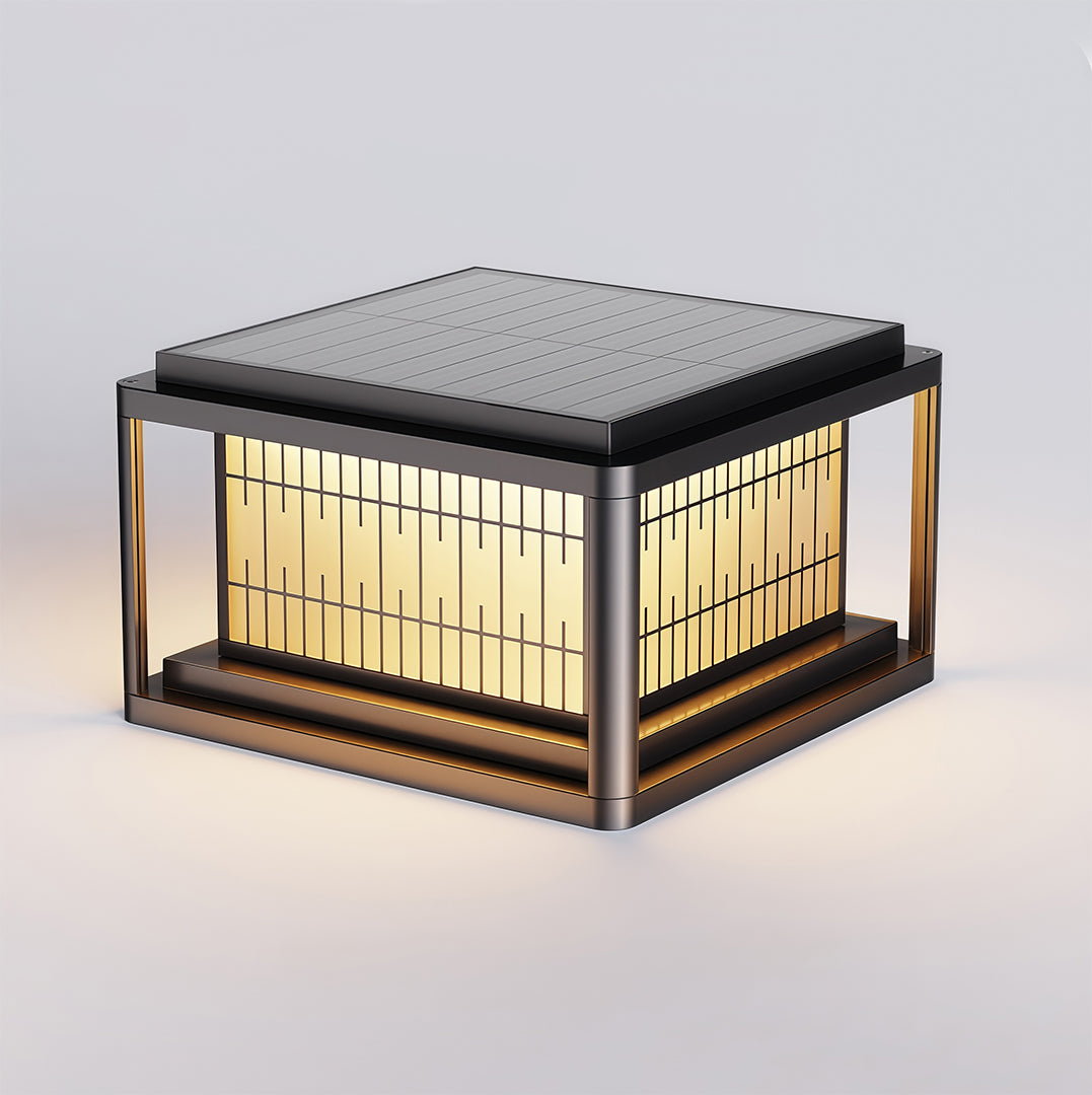 Close-up of outdoor pillar LED light on grey background showing detailed lattice construction and LED placement.