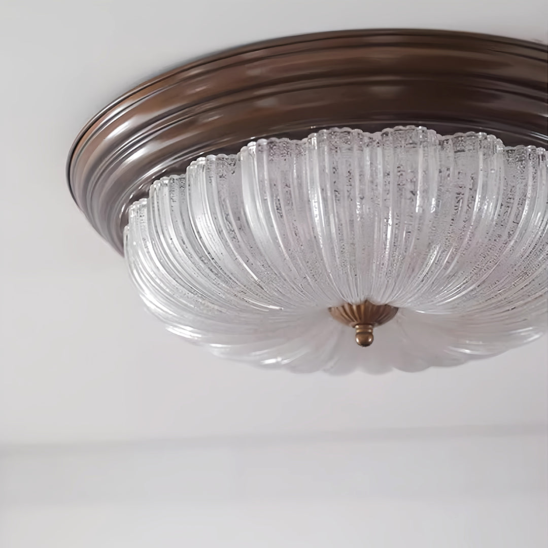 Close-up of retro flush mount ceiling light, detailed view of crystal and vintage design