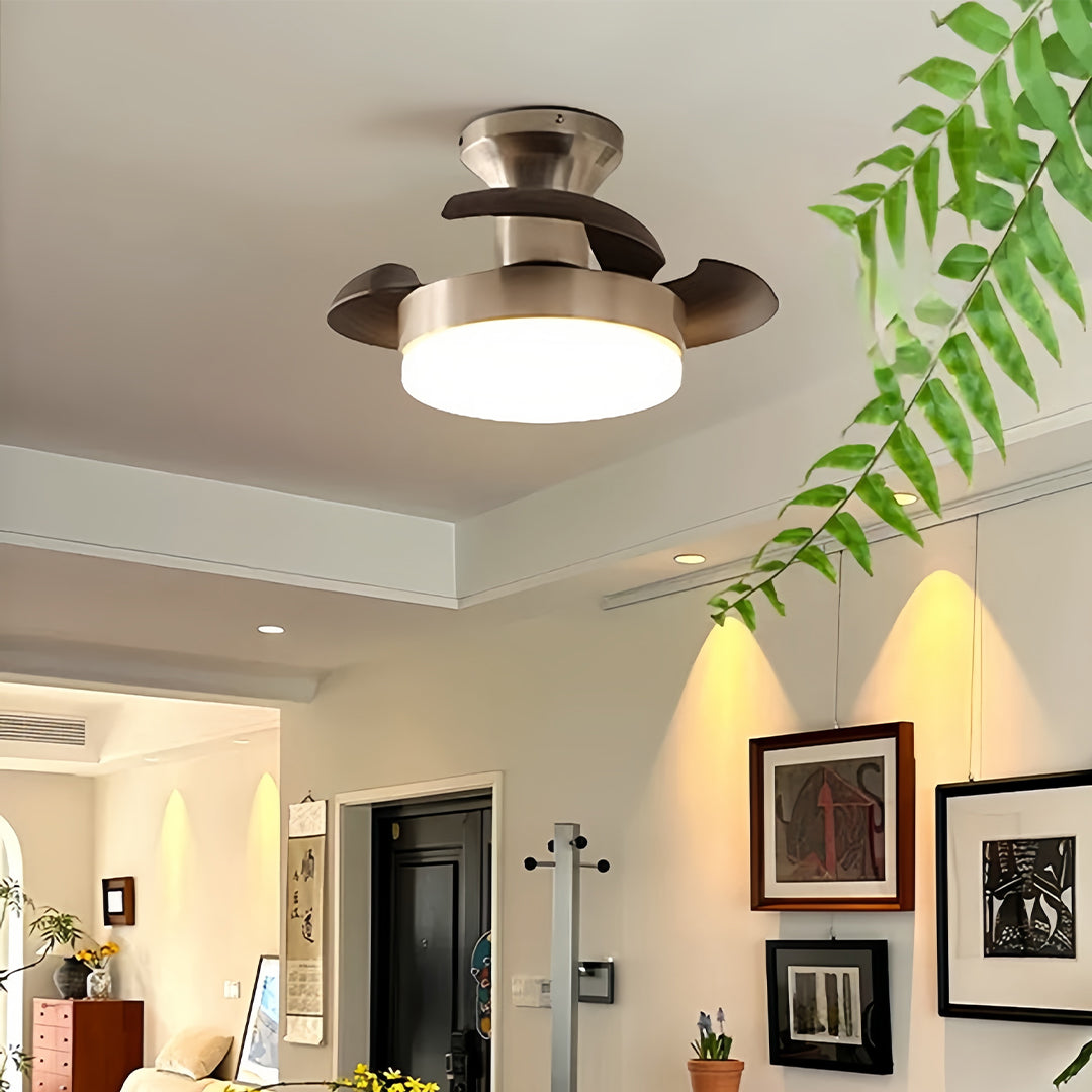 Close-up of silver ceiling fan blades, detailed view of modern design and finish