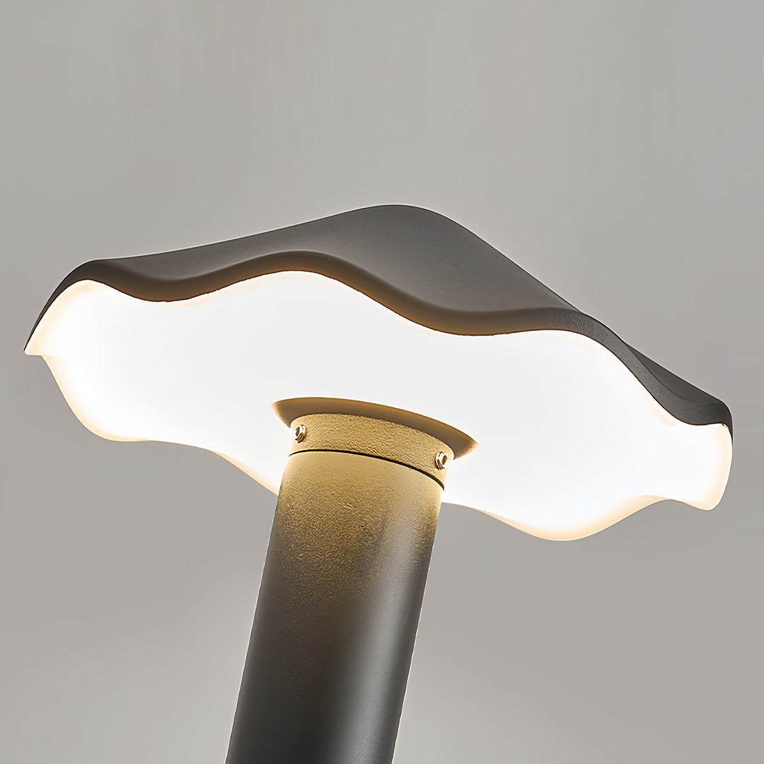 Close-up of the smooth black metal pathway lights with an integrated LED and wavy cap diffuser.