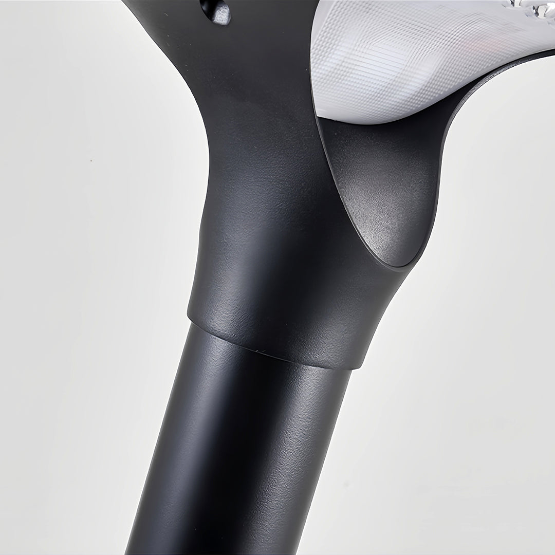 Close-up of the smooth black post transition to the LED head on the contemporary solar bollard lights fixture.