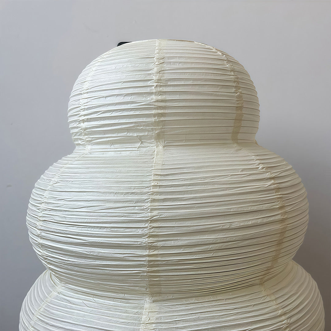 Close-up of stacked rice paper table lamp, detailed view of intricate paper design